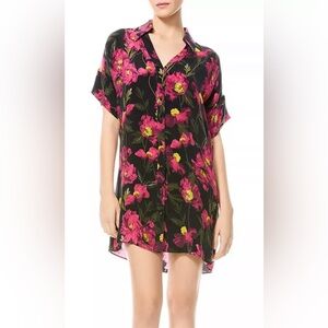 Alice + Olivia Lucette Button Down Shirt Dress Large Red Floral Short Sleeve